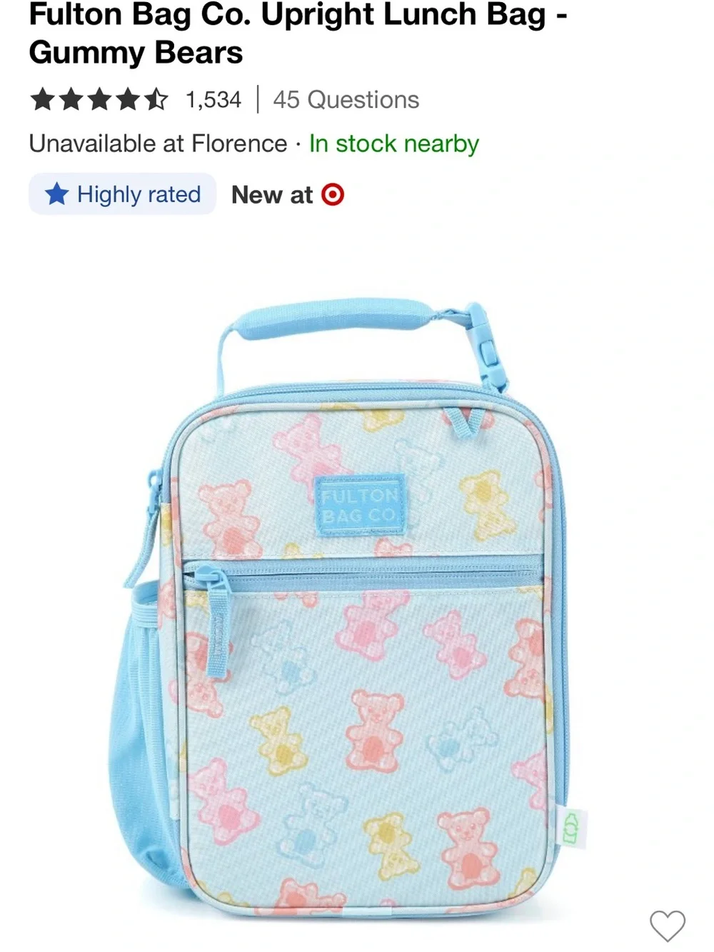 Fulton Bag Co. Upright Zippered Lunch Bag Kid Light blue pastel Gummy bears NEW